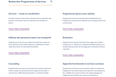 Capture d'écran de la page Programmes et services